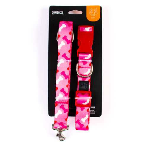 Collar y correa para perros estampado - HUESITOS PINK