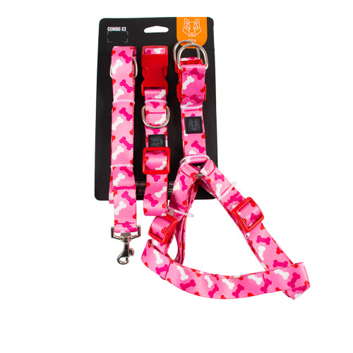 TRICOMBO collar + arnés + correa estampadas para perro - HUESITOS PINK