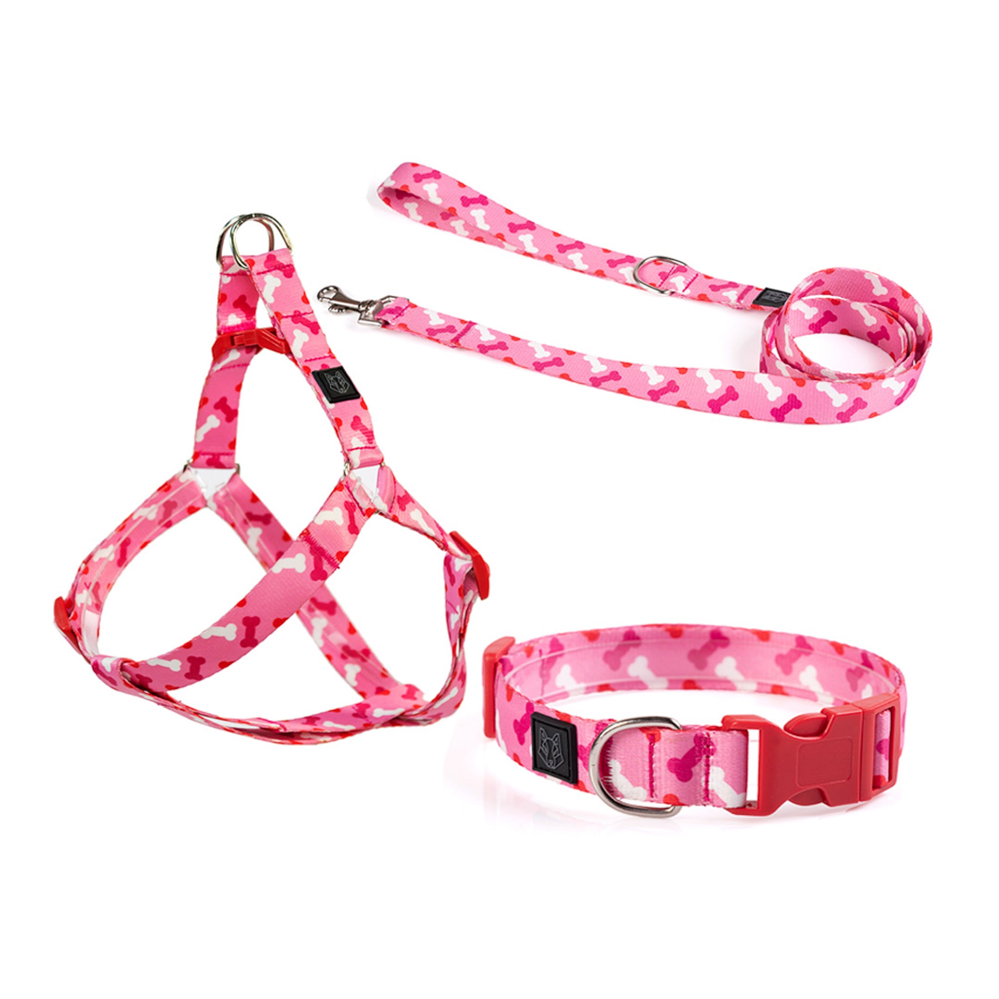 TRICOMBO collar + arnés + correa estampadas para perro - HUESITOS PINK